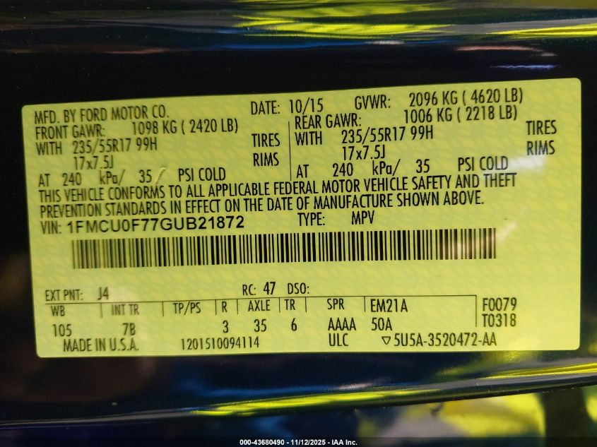 2016 Ford Escape S VIN: 1FMCU0F77GUB21872 Lot: 43680490