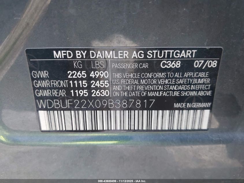 2009 Mercedes-Benz E 320 Bluetec VIN: WDBUF22X09B387817 Lot: 43680496