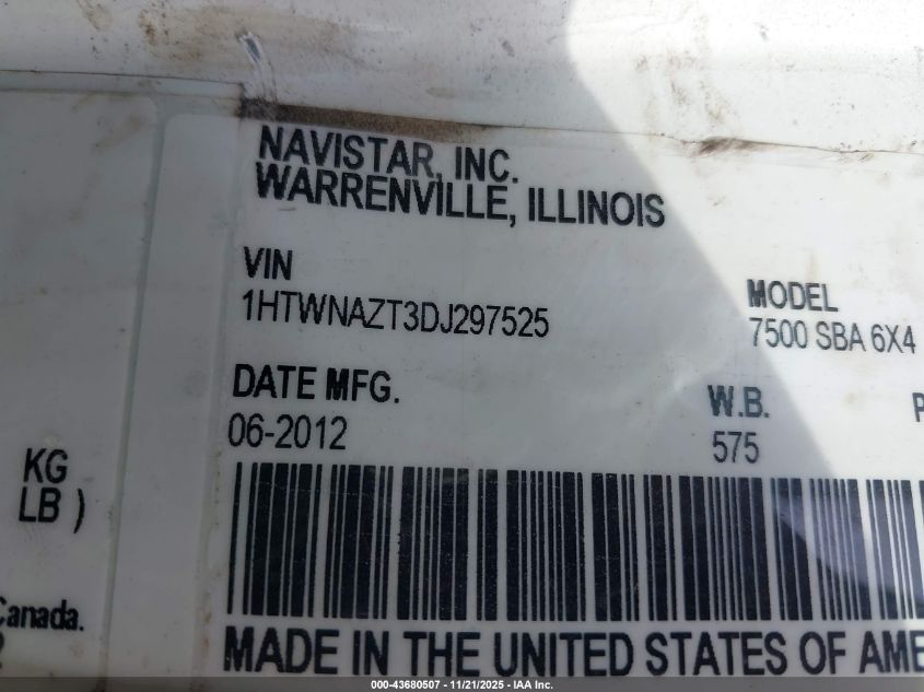 2013 International 7000 7500 VIN: 1HTWNAZT3DJ297525 Lot: 43680507
