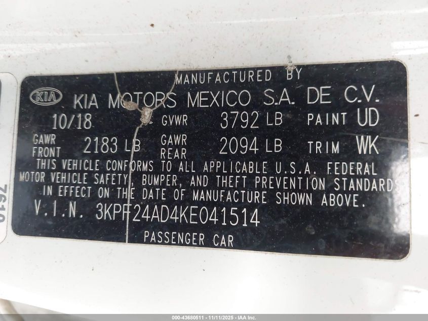 2019 Kia Forte Lxs VIN: 3KPF24AD4KE041514 Lot: 43680511