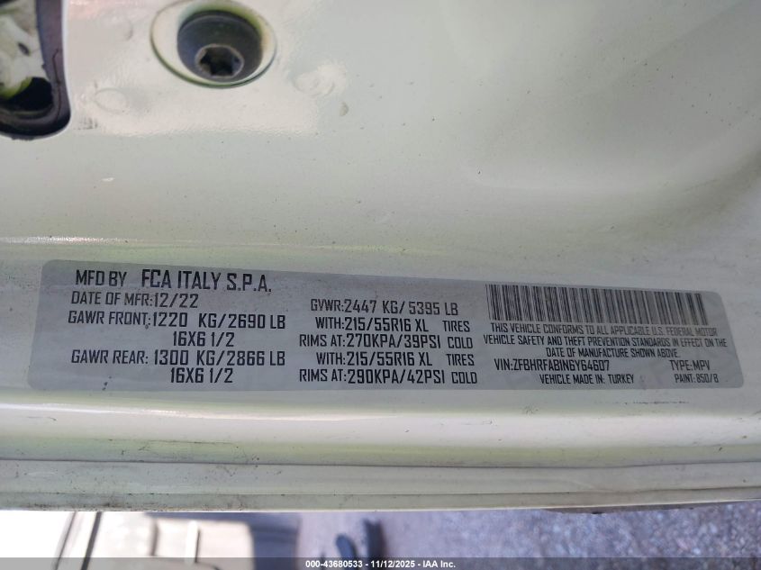 2022 Ram Promaster City Cargo Van VIN: ZFBHRFAB1N6Y64607 Lot: 43680533