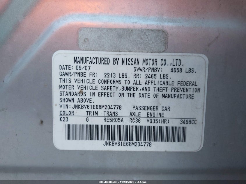 2008 Infiniti G35 Journey VIN: JNKBV61E68M204778 Lot: 43680536