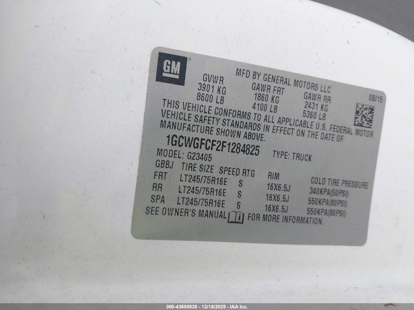 2015 Chevrolet Express 2500 Work Van VIN: 1GCWGFCF2F1284825 Lot: 43680538