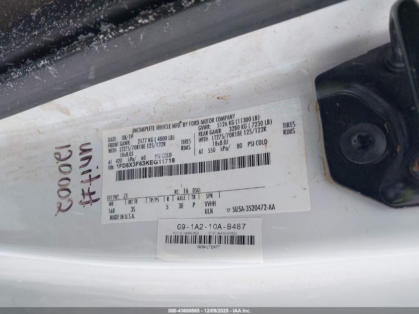 2019 Ford F-350 Chassis Xlt VIN: 1FD8X3F63KEG11718 Lot: 43680565