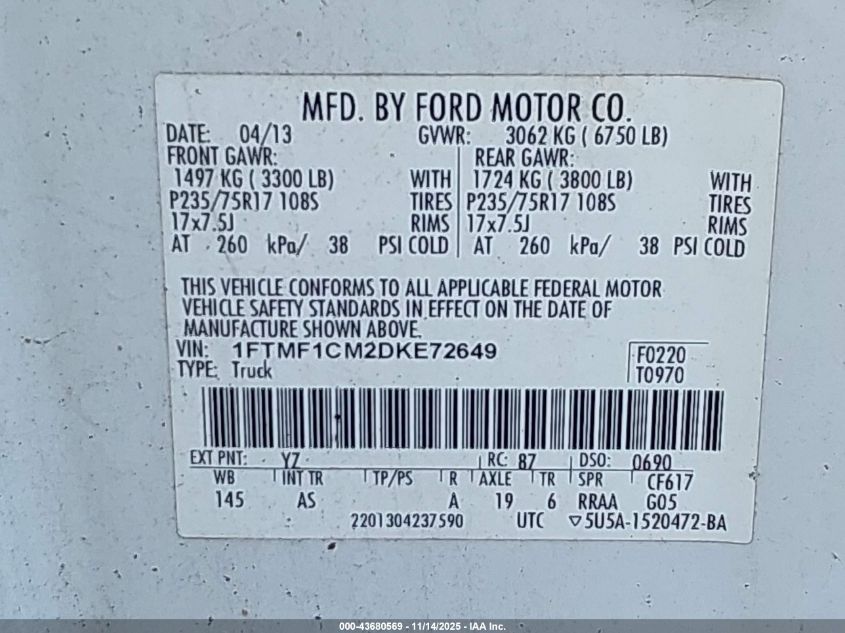 2013 Ford F-150 Xl VIN: 1FTMF1CM2DKE72649 Lot: 43680569