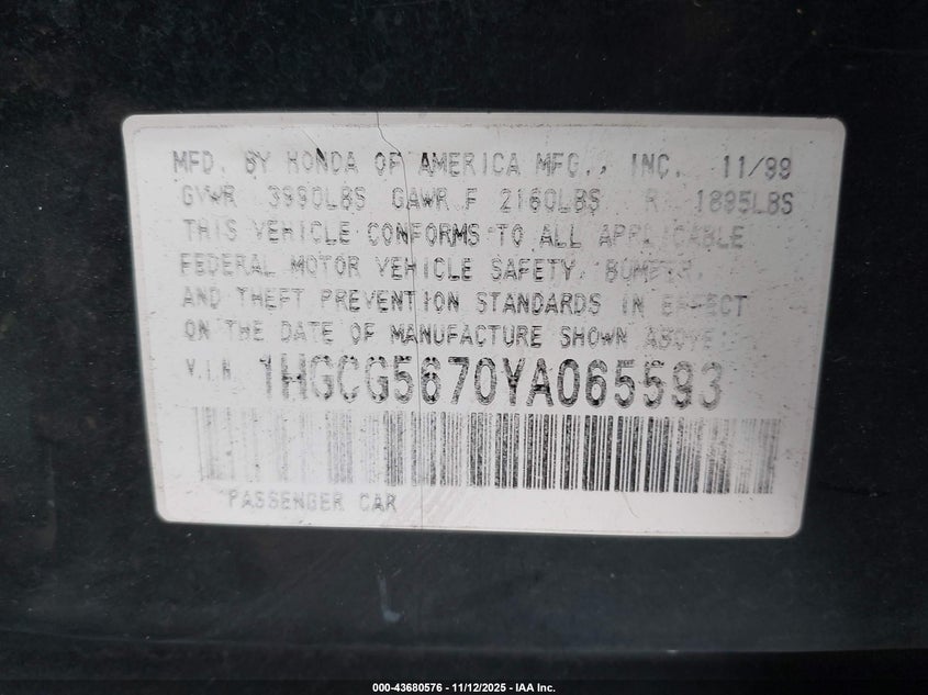 2000 Honda Accord 2.3 Se VIN: 1HGCG5670YA065593 Lot: 43680576