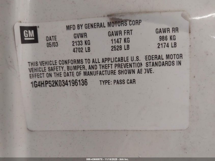 2003 Buick Lesabre Custom VIN: 1G4HP52K034196613 Lot: 43680578