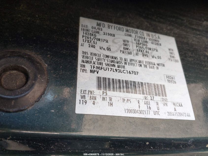 2003 Ford Expedition Eddie Bauer VIN: 1FMFU17L93LC16707 Lot: 43680579