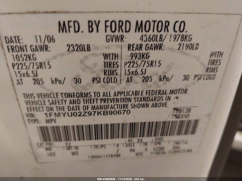 1FMYU02Z97KB90670 2007 FORD ESCAPE photo no. 9