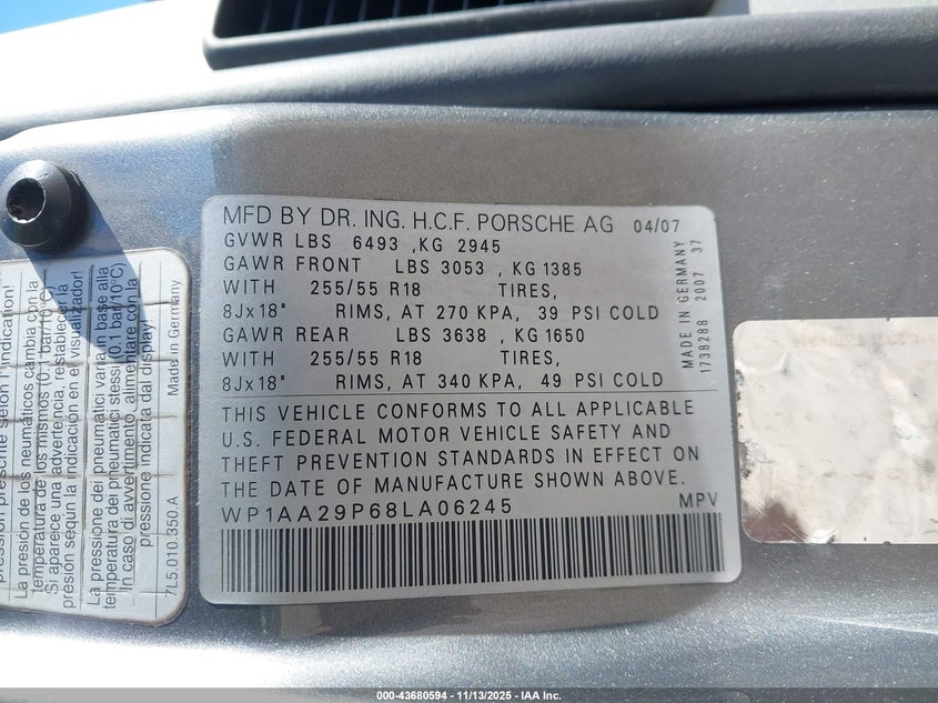 2008 Porsche Cayenne VIN: WP1AA29P68LA06245 Lot: 43680594