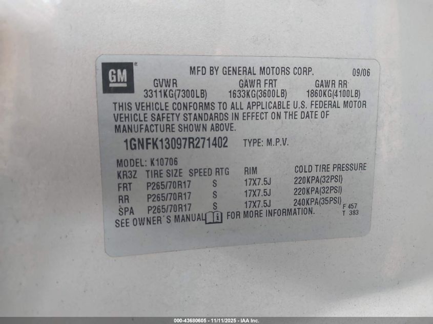 2007 Chevrolet Tahoe Lt VIN: 1GNFK13097R271402 Lot: 43680605