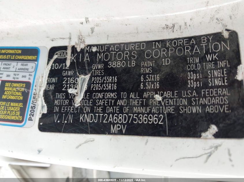 2013 Kia Soul + VIN: KNDJT2A68D7536962 Lot: 43680609