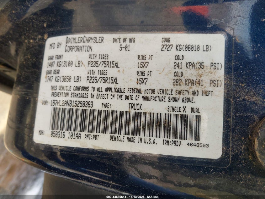 1B7HL2AN81S298383 2001 DODGE DAKOTA photo no. 9