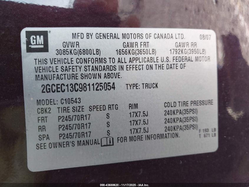 2008 Chevrolet Silverado 1500 Lt1 VIN: 2GCEC13C981125054 Lot: 43680620