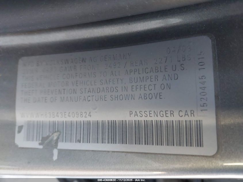 2003 Volkswagen Passat Glx VIN: WVWWH63B43E409824 Lot: 43680630