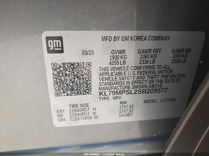 2025 Chevrolet Trailblazer Fwd Lt VIN: KL79MPSL2SB209577 Lot: 43680650