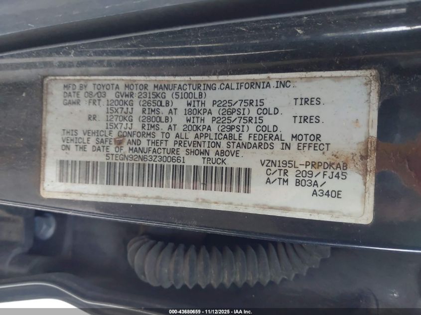 2003 Toyota Tacoma Prerunner V6 VIN: 5TEGN92N63Z300661 Lot: 43680659
