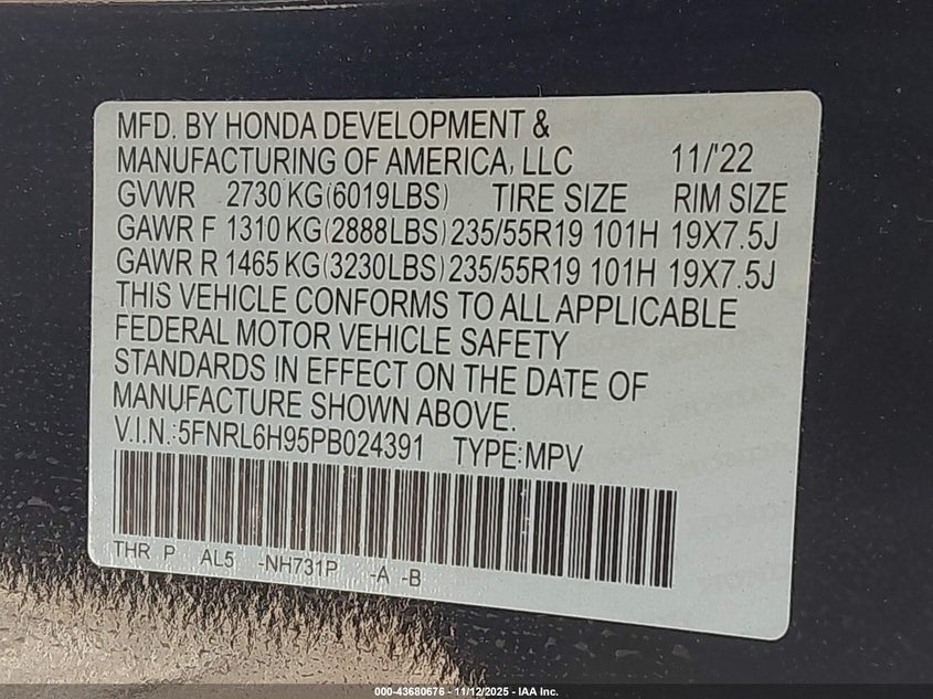 5FNRL6H95PB024391 2023 HONDA ODYSSEY photo no. 9