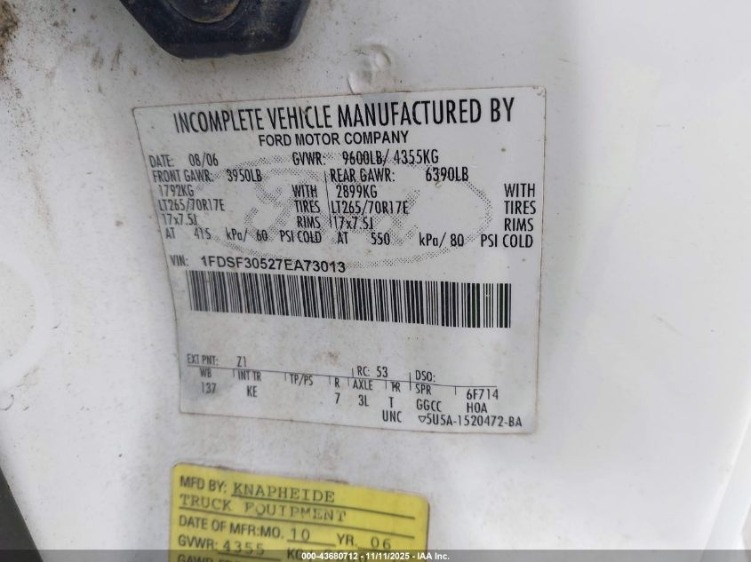 2007 Ford F-350 Xl/Xlt VIN: 1FDSF30527EA73013 Lot: 43680712