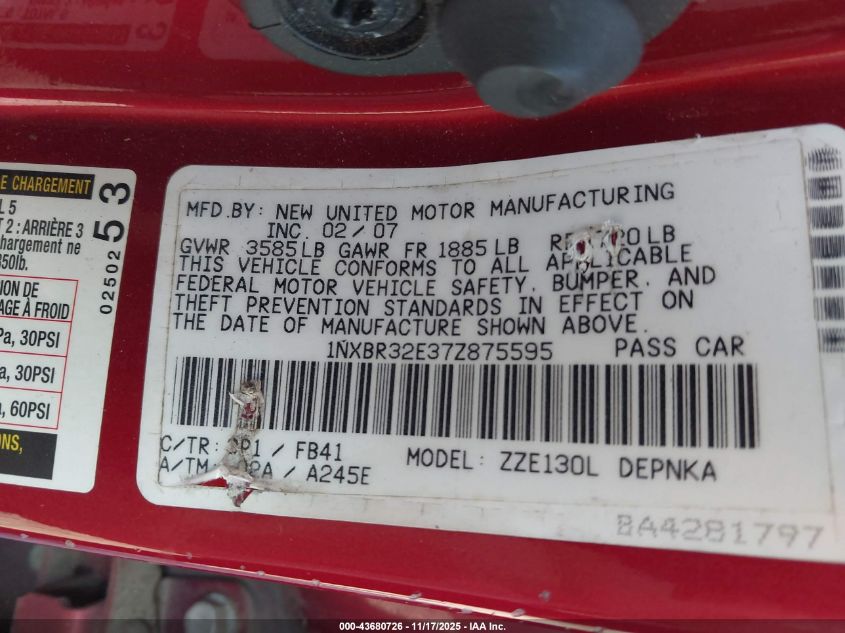 2007 Toyota Corolla Le VIN: 1NXBR32E37Z875595 Lot: 43680726