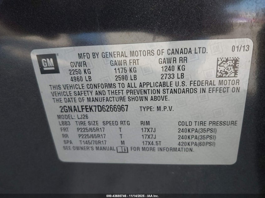 2013 CHEVROLET EQUINOX LTZ 2GNALFEK7D6266967
