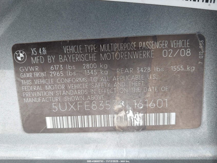 2008 BMW X5 4.8I VIN: 5UXFE83538L161601 Lot: 43680753