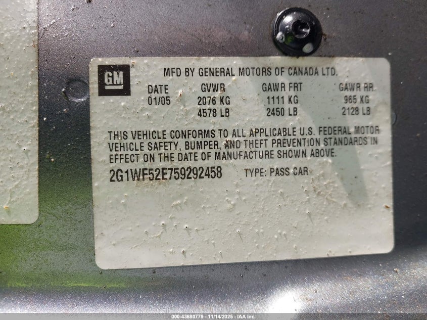 2005 Chevrolet Impala VIN: 2G1WF52E759292458 Lot: 43680779