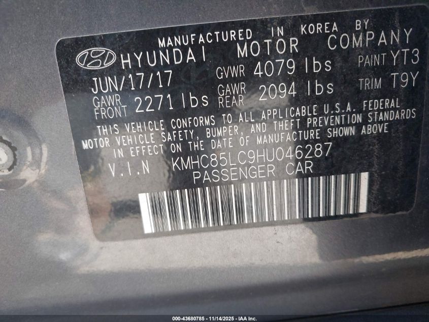 2017 Hyundai Ioniq Hybrid Limited VIN: KMHC85LC9HU046287 Lot: 43680785