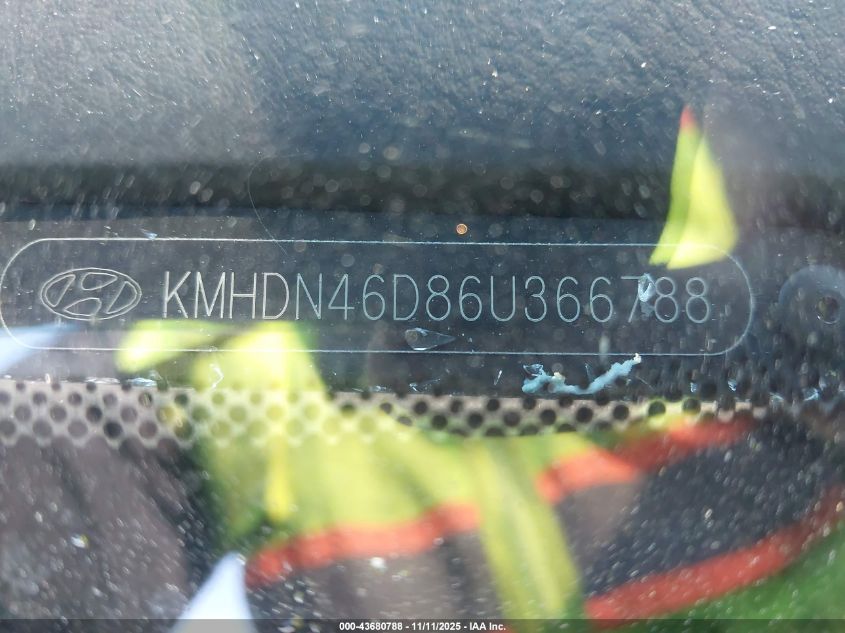 2006 Hyundai Elantra Gls/Limited VIN: KMHDN46D86U366788 Lot: 43680788