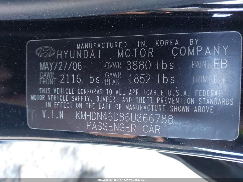 2006 Hyundai Elantra Gls/Limited VIN: KMHDN46D86U366788 Lot: 43680788