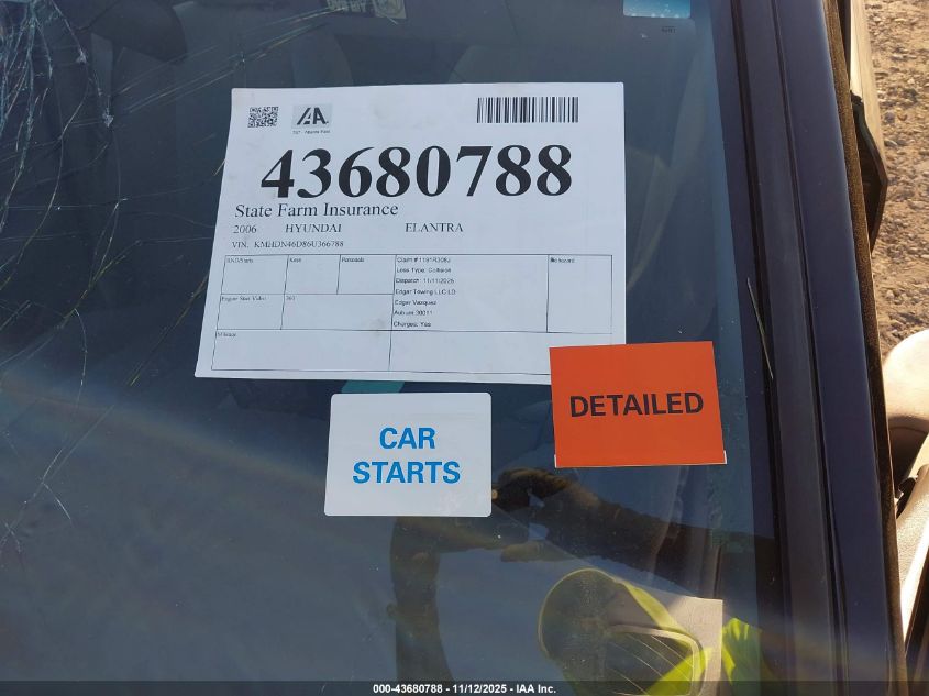 2006 Hyundai Elantra Gls/Limited VIN: KMHDN46D86U366788 Lot: 43680788