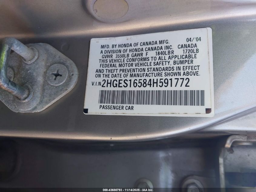 2004 Honda Civic Lx VIN: 2HGES16584H591772 Lot: 43680793