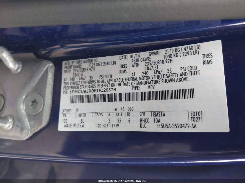 2014 Ford Escape Titanium VIN: 1FMCU9JX0EUC20378 Lot: 43680795