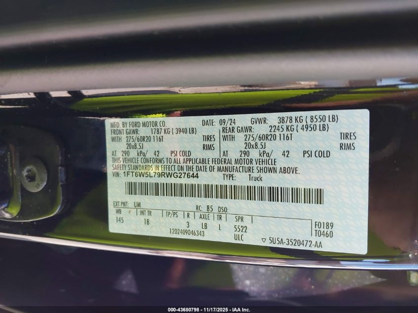 2024 Ford F-150 Lightning Lariat VIN: 1FT6W5L79RWG27644 Lot: 43680798