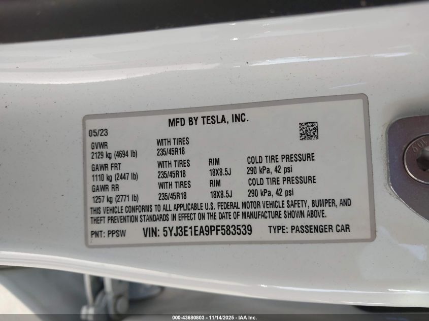 2023 Tesla Model 3 Rear-Wheel Drive VIN: 5YJ3E1EA9PF583539 Lot: 43680803
