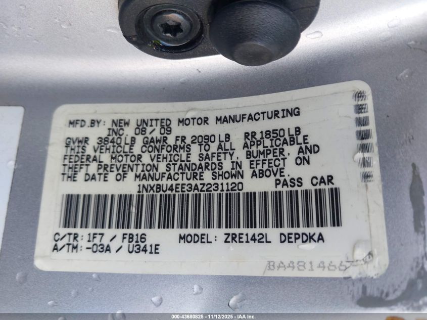 2010 Toyota Corolla VIN: 1NXBU4EE3AZ231120 Lot: 43680825