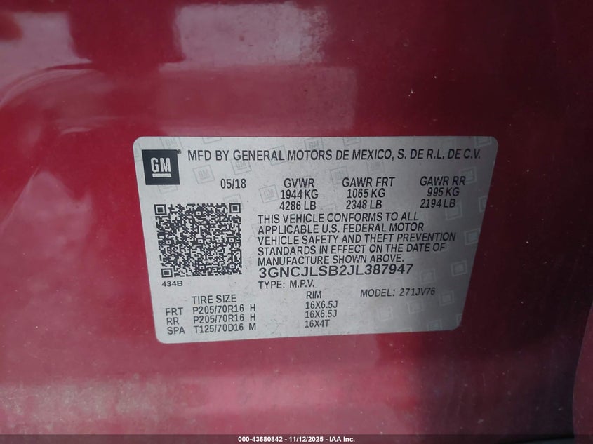 2018 Chevrolet Trax Lt VIN: 3GNCJLSB2JL387947 Lot: 43680842