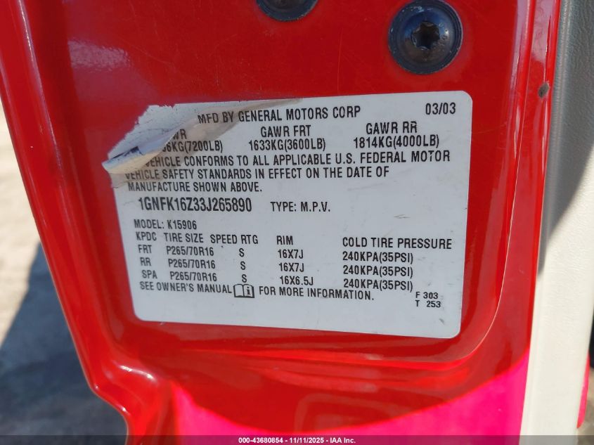 2003 Chevrolet Suburban 1500 Ls VIN: 1GNFK16Z33J265890 Lot: 43680854