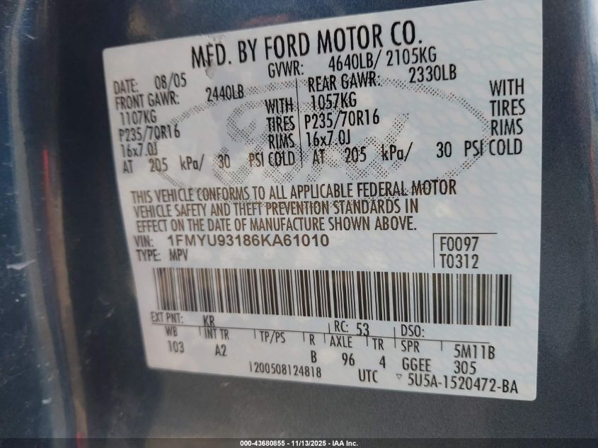 2006 Ford Escape Xlt/Xlt Sport VIN: 1FMYU93186KA61010 Lot: 43680855