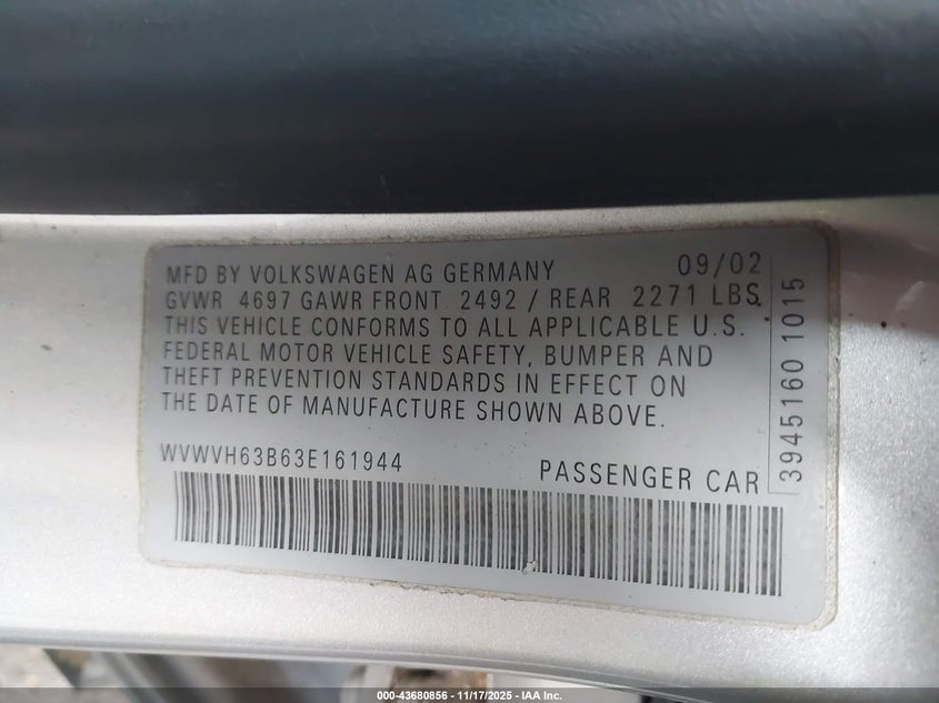 2003 Volkswagen Passat Gls V6 VIN: WVWVH63B63E161944 Lot: 43680856