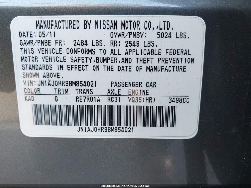 2011 Infiniti Ex35 Journey VIN: JN1AJ0HR9BM854021 Lot: 43680858