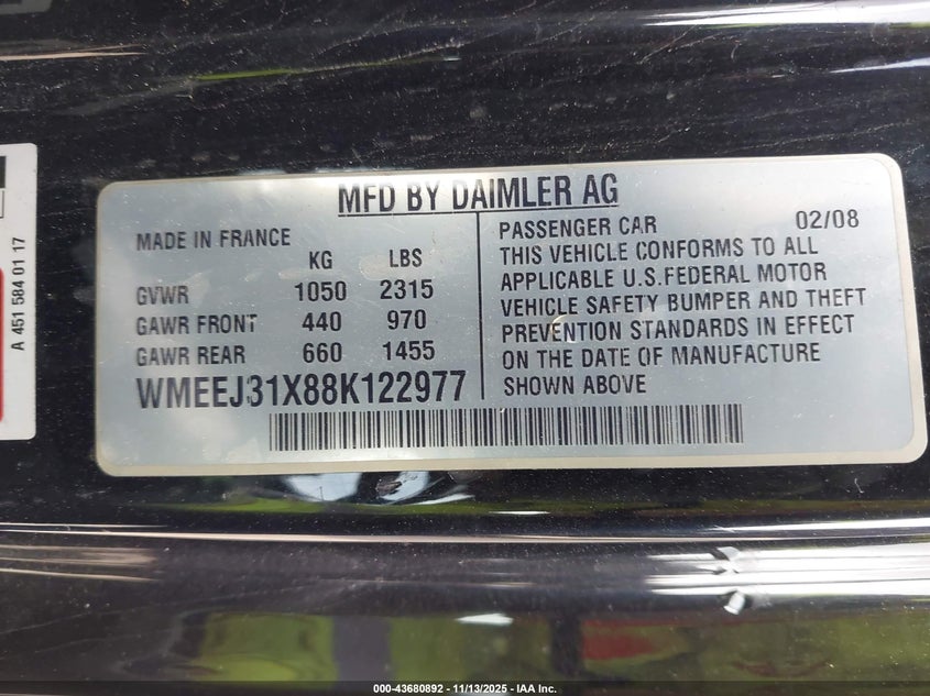 WMEEJ31X88K122977 2008 SMART FORTWO photo no. 9