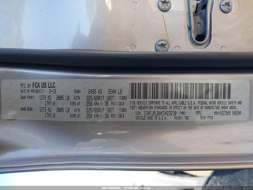 2019 Jeep Cherokee Latitude Plus 4X4 VIN: 1C4PJMLBXKD423230 Lot: 43680898