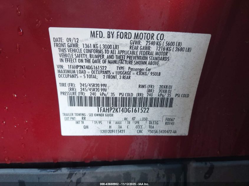 2013 Ford Taurus Sho VIN: 1FAHP2KT4DG161522 Lot: 43680902