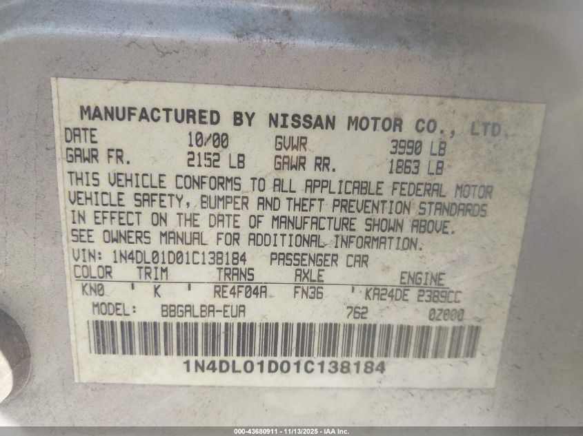 2001 Nissan Altima Xe/Gxe/Se VIN: 1N4DL01D01C138184 Lot: 43680911