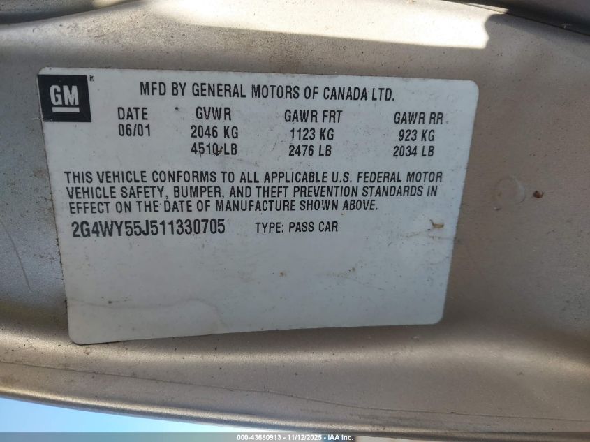 2001 Buick Century Limited VIN: 2G4WY55J511330705 Lot: 43680913