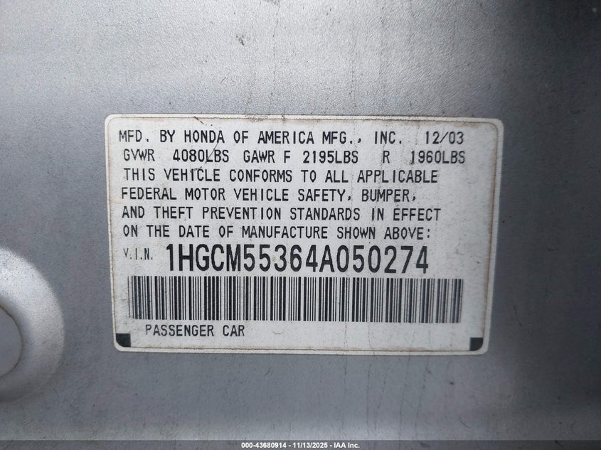 1HGCM55364A050274 2004 HONDA ACCORD photo no. 9
