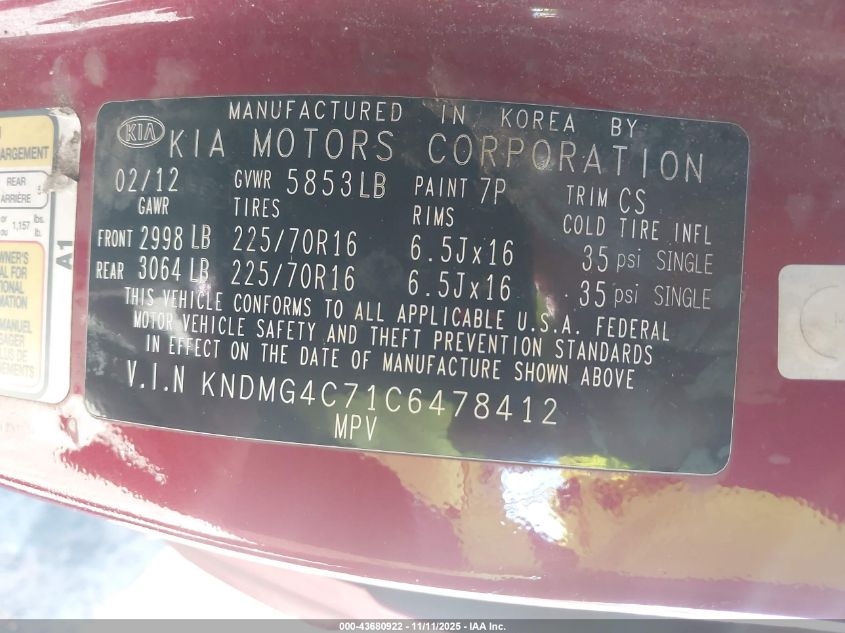 2012 Kia Sedona Lx VIN: KNDMG4C71C6478412 Lot: 43680922
