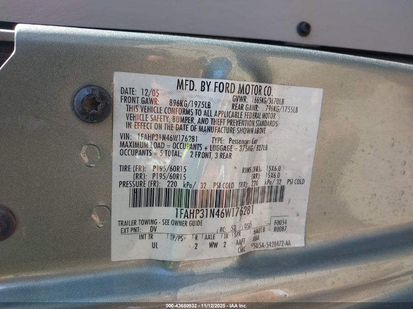 2006 Ford Focus Zx3 VIN: 1FAHP31N46W176281 Lot: 43680932