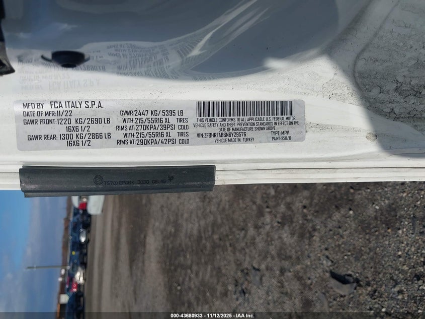 2022 Ram Promaster City Cargo Van VIN: ZFBHRFAB6N6Y29576 Lot: 43680933